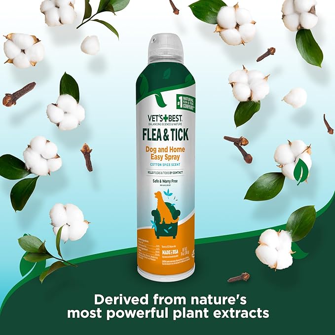 Vet's Best Natural Flea and Tick Easy Spray for Dogs – Cotton Spice Scent – Natural Flea & Tick Prevention – Kills Pests on Contact – Plant-Based Formula – Made in USA – 14 oz