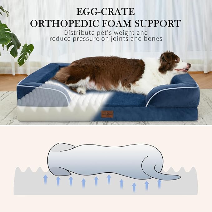 Comfort Expression Orthopedic Dog Bed for Medium Dogs 30x20 Inch, Waterproof Supportive Egg Crate Foam Medium Pet Bed with Removable Bolster, Dog Couch with Washable Cover & Non-Slip Bottom, Navy Blue