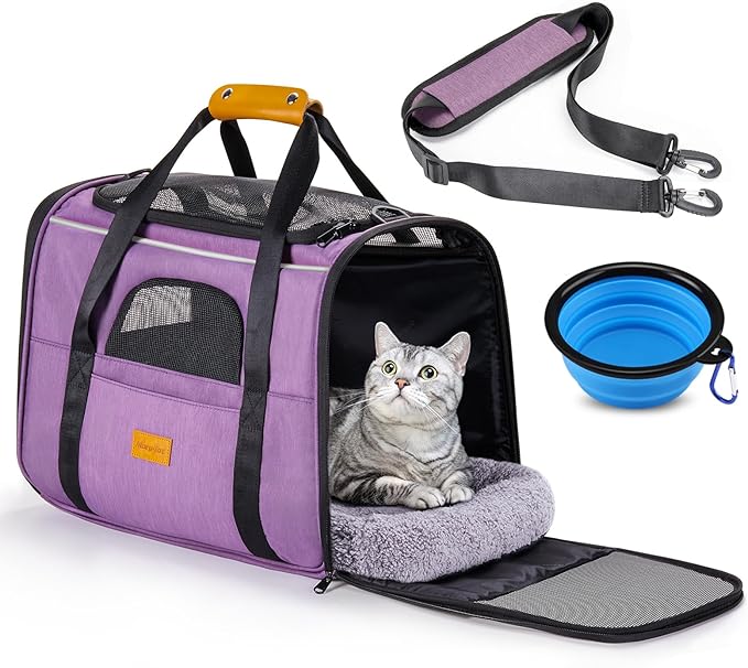 Morpilot Cat Carrier - Soft Sided Cat Carrier Large for Big Medium Cats and Puppy up to 18lbs, Pet Carrier with Safety Zippers, Foldable Bowl, Airline Approved Large Dog Carrier - Purple