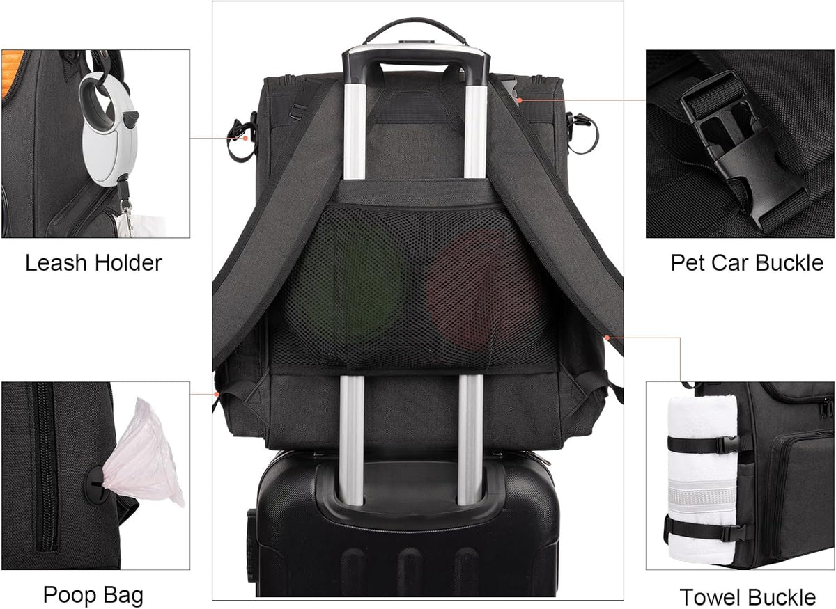 Modoker Dog Travel Bag Backpack, Airline Approved Pet Accessories Organizer for Dog and Cat with Shoulder Strap, 2 Dog Food Storage Containers, 2 Collapsible Dog Bowls,1 Pet Mat, Black