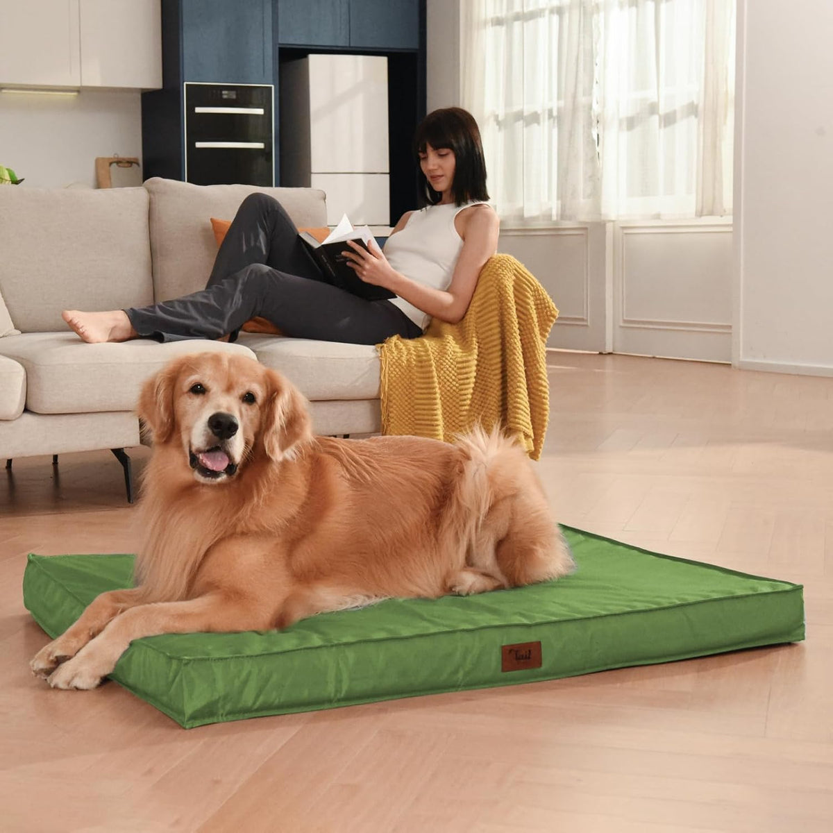 Outdoor Extra Large Dog Crate Bed, Big Waterproof Dog Bed for Large Dogs, Orthopedic Egg Foam Pet Bed Mat with Removable Cooling Cover, Light Green
