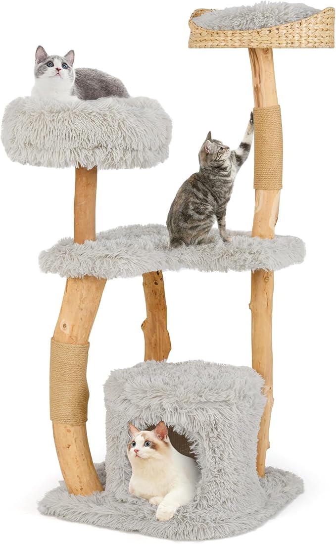 Tangkula Cat Tree Tower, Solid Wood Modern Cat Tower with Top Cattail Basket Bed, Side Perch, Large Platform & Cat Condo, Cute Cat Tree with Scratching Posts for Indoor Cats Large Adult