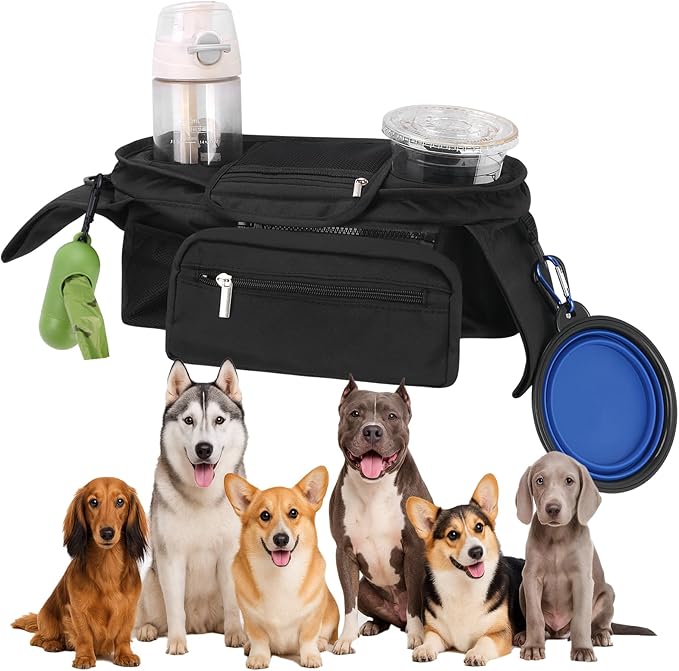 Dog Stroller Bag with Shoulder Strap, Universal Dog Stroller Caddy Organizer with Poop Bag Dispenser, Water Bowl, Insulated Cup Holders and Treat Pocket