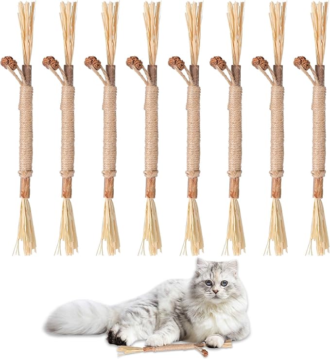 Silvervine Sticks for Cats 8 Pack Natural Cat Chew Toy Teeth Cleaning Edible Matatabi Dental Care Kitty Chew Sticks Catmint Cat Nip Treat Stick for Bored Indoor Kitty Calm Anxiety and Stress
