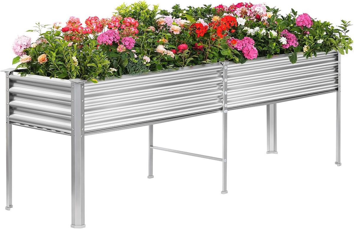 Land Guard Galvanized Raised Garden Bed with Legs, 96×24×32in Raised Garden Beds Outdoor with Drainage Holes, Planter Boxes Outdoor for Backyard, Patio, Balcony, 800lb Capacity, Silver