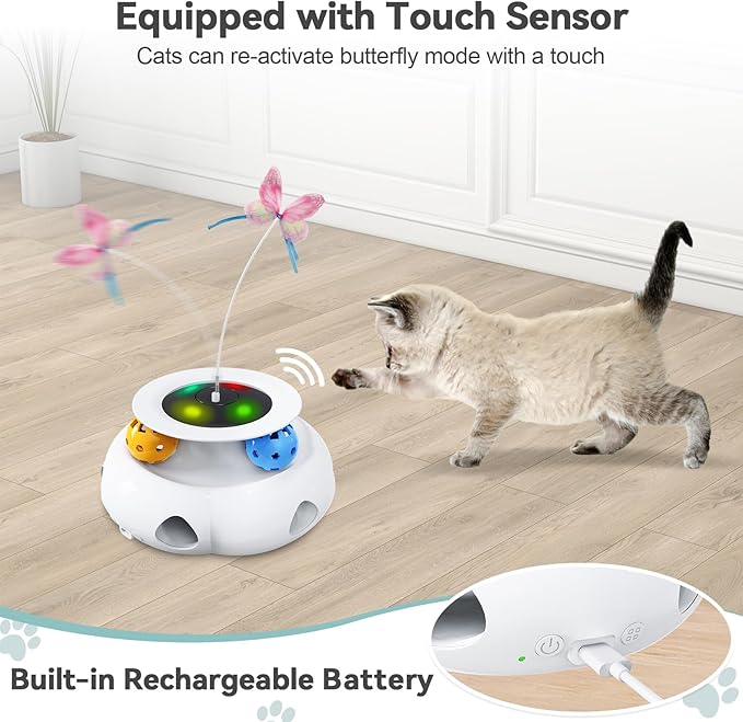 3in1 Interactive Cat Toys Moving Ambush Feather, Spinning Butterfly, Track Balls, Rechargeable Automatic Activated Kitten Toys for Indoor Cats, Cat Feather Toy for All Breeds