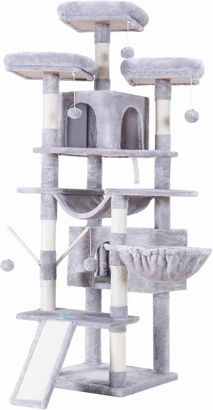 Hey-brother Cat Tree, 71 inches XL Large Cat Tower for Indoor Cats, Multi-Level Cat House with 3 Padded Perches, Big Scratcher, Cozy Basket, 2 Cat Condos and Scratching Posts, Light Gray MPJ034W