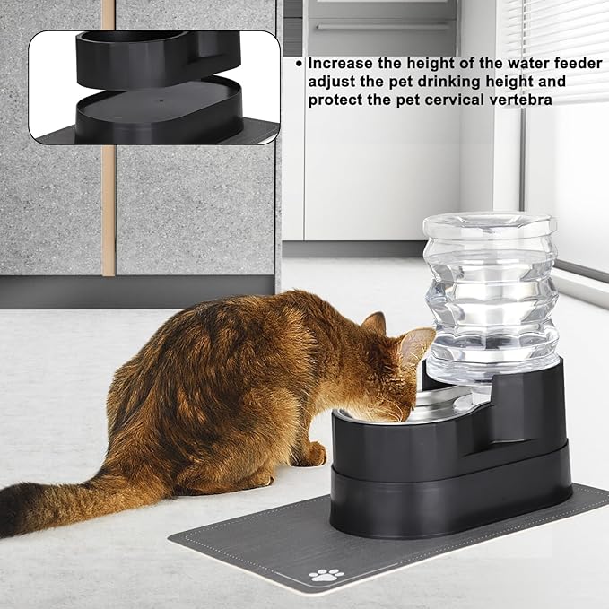 RIZZARI Automatic Cat Water Dispenser: Black 5L Elevated Feeder - Stainless Steel Gravity Bowl - Leakproof Base for Indoor Pets