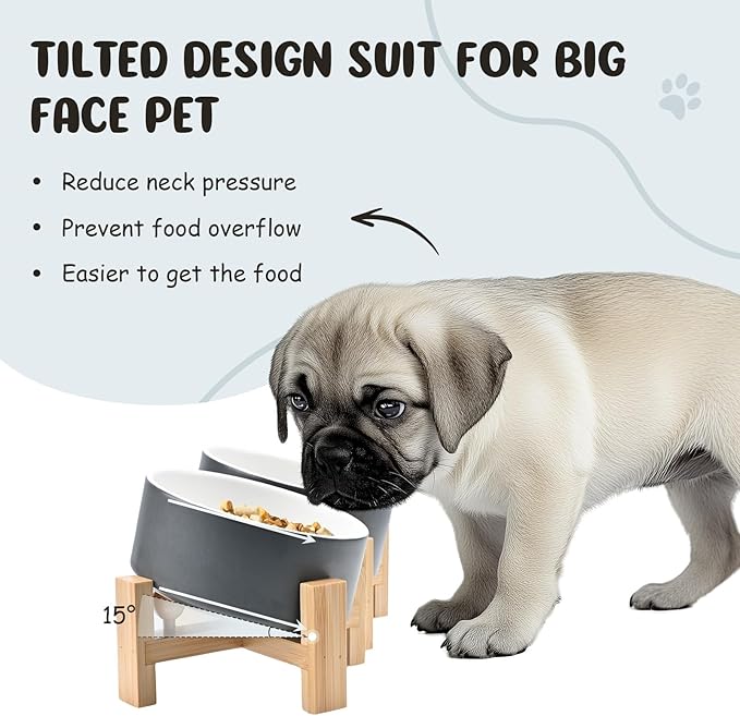 SPUNKYJUNKY 15° Slanted Ceramic Dog and Cat Bowl with Wooden Stand, Tilted Bulldog Food and Water Bowl No Slip Non-Spill for Cats Medium Dogs Big Face Pets 13.5 OZ (1.7 Cups, White-Grey × 2)