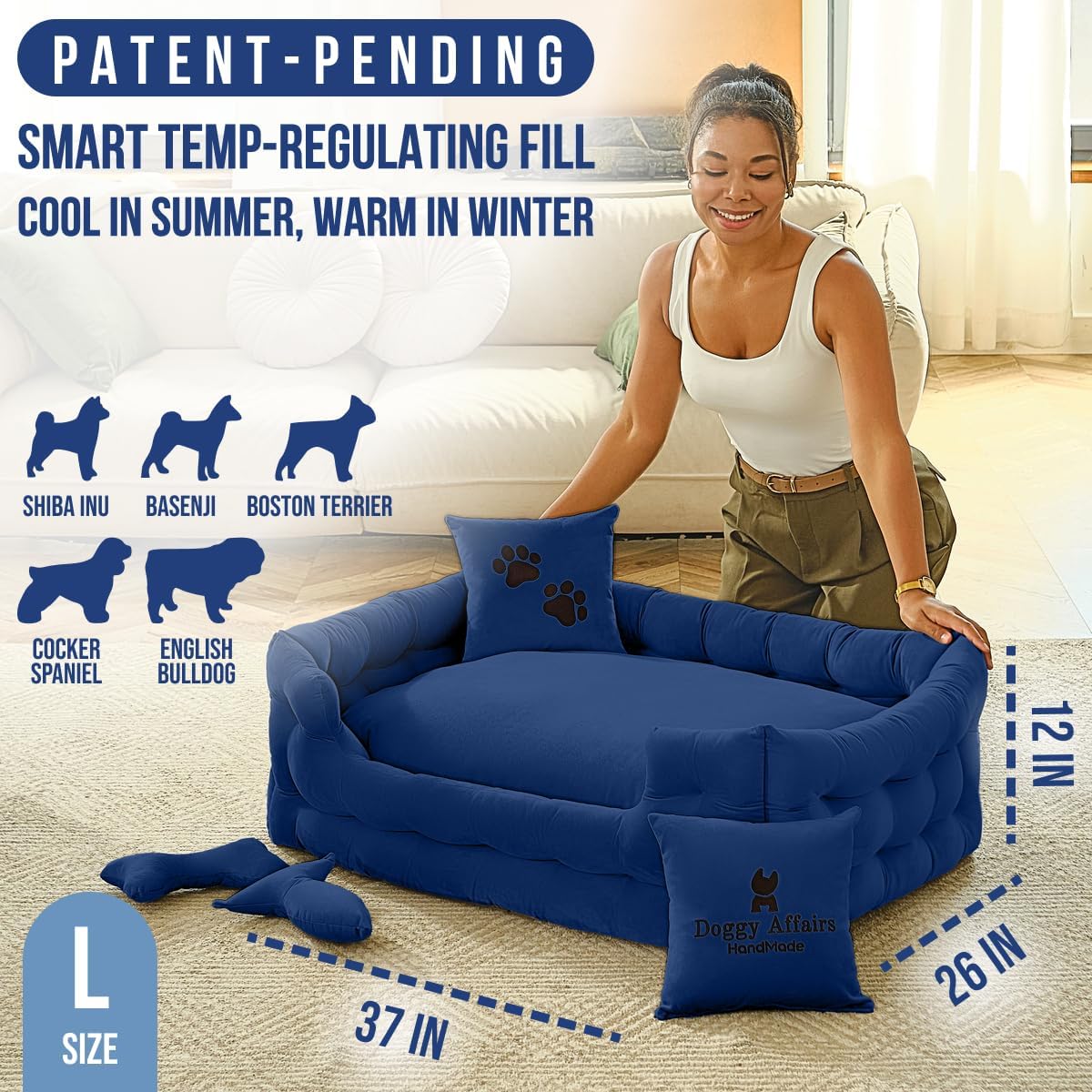 Luxury Dog Bed Chesterfield – Handcrafted Velvet Throne for Dogs | Joint Support, Calming & Temp-Regulating Comfort | Durable 5+ Years, Anti-Claw, Washable 100+ Times – L, Blue