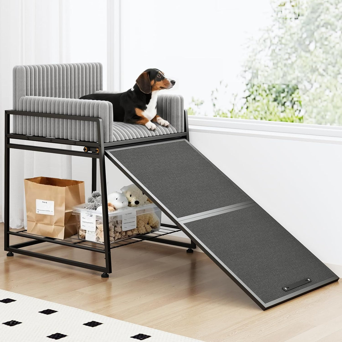 Pet Stairs Ramp with Seat,Dog Window Perch with Stairs and Storage,Dog Seat with Ramp Steps,Folding Pet Ramp for Dogs Cats,Bunk Bed Chair with Sofa Cushion for Bed Couch Office,Hold Up to 110 lbs