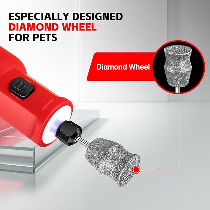 Dog Nail Grinder - Upgraded Pet Nail Grinder, Electric 5 Speeds LED Lights Ring Rechargeable Dog Nail Trimmers Kit, 40 Accessories Cordless Pet Nail Grinder for Dogs Cats and Small/Medium Animals Red