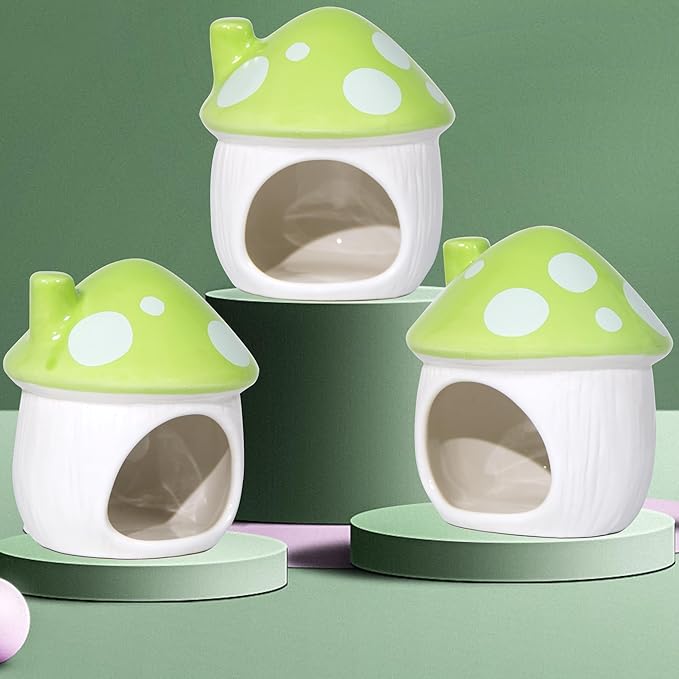 Ceramic Mushroom Hamster Hideout - Hamsters Habitat for Hamsters Chinchillas Hedgehogs and Gerbils Mouse Small Pet Guinea Pigs House Hamster Bed (Green)