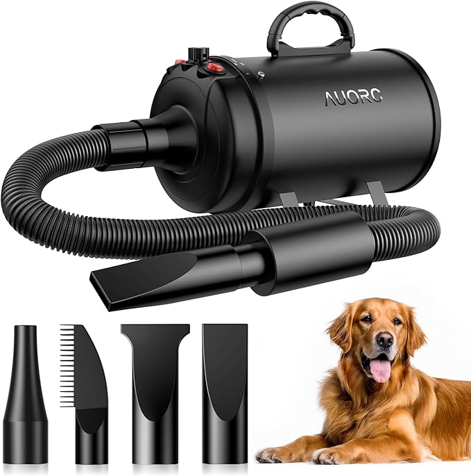 Dog Dryer, 5.2HP/3800W High Velocity Dog Hair Dryer with 4 Nozzles, Stepless Adjustable Speed & Temperature Control, Low Noise Professional Dog Grooming Dryer (Black)