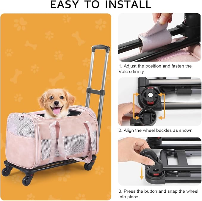 Airline Approved Pet Carrier with Wheels, Rolling Soft Sided Dog Cat Travel Bag, Premium Fashion Leather Small Pet Carrier Purse for Puppies and Cats Pink