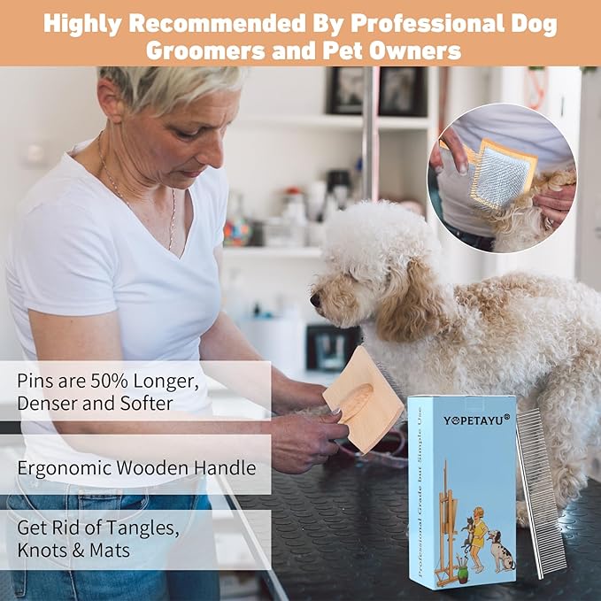 Dog Slicker Brush for Shedding and Grooming Medium or Long Haired Cats, Extra Long & Soft Pin Slicker Brush for Removes Loose Hair, Tangles, Knots, Undercoat, Free Pet Comb, Large, Oak