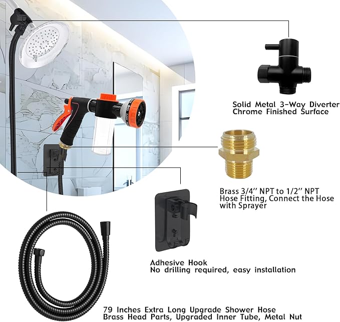 Dog Washing Hose Attachment for Pet Bathing with Black Shower Diverter, Pup Dog Wash Hose Nozzle Shampoo Sprayer for Indoor Outdoor Pet Shower, Dog Shower Attachment with Dog Brush
