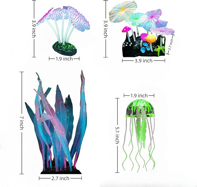 4-Pack Silicone Fluorescent Aquarium Plants & Decor - Realistic Jellyfish, Mushrooms for All Fish Tanks, Essential Decorations