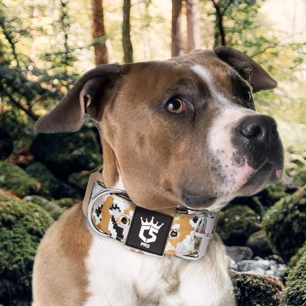 TSPRO Tactical Dog Collar 1.5 Inch Wide Thick Dog Collars with Heavy Duty Metal Buckle, Durable, Strong, Adjustable for Medium to Large Dogs (Camo Khaki L)