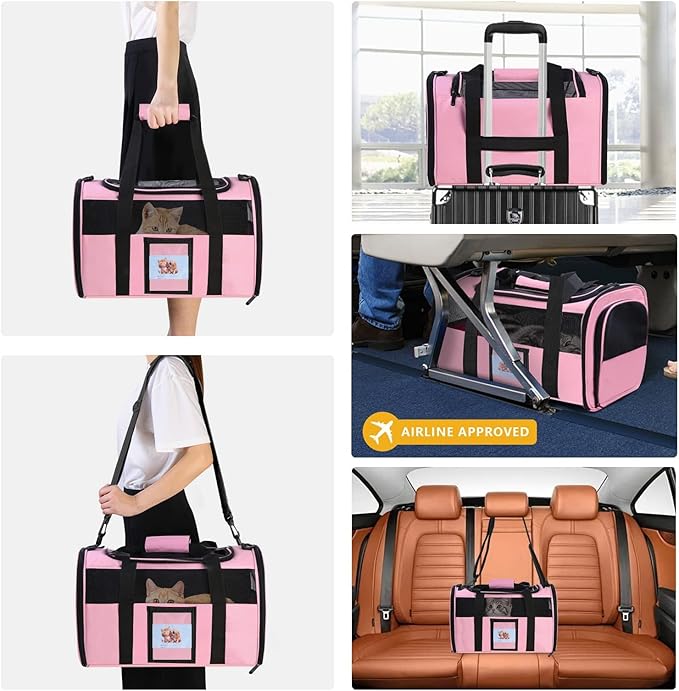 Cat Carriers Soft Side Carrier for Kitten Puppy Collapsible Travel Pet Carrier TSA Airline Approved Cat Carrier Bag for Under 15 lbs Pets, Pink