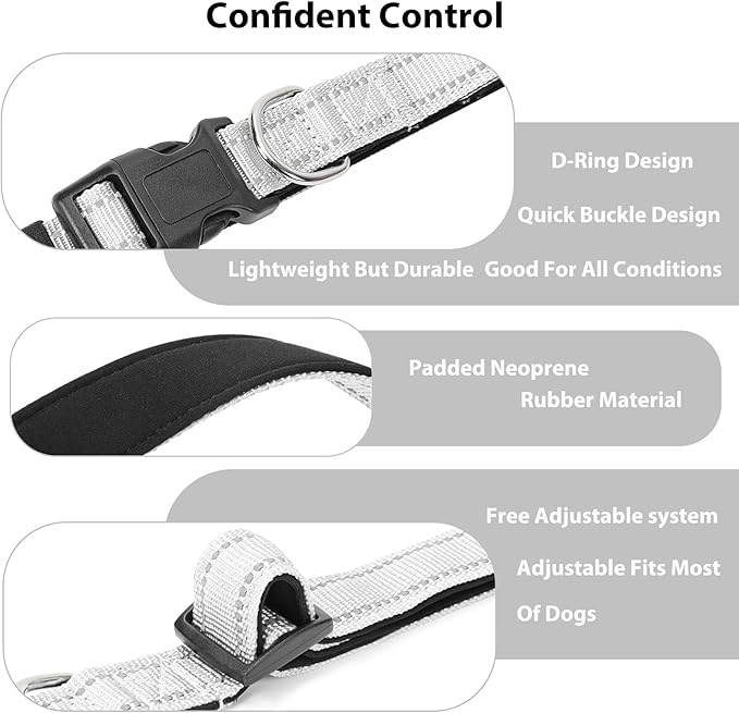 Reflective Dog Collar Padded with Soft Neoprene Breathable Quick Release Basic Dog Collars for Medium Large Dogs Boy Girl Silver