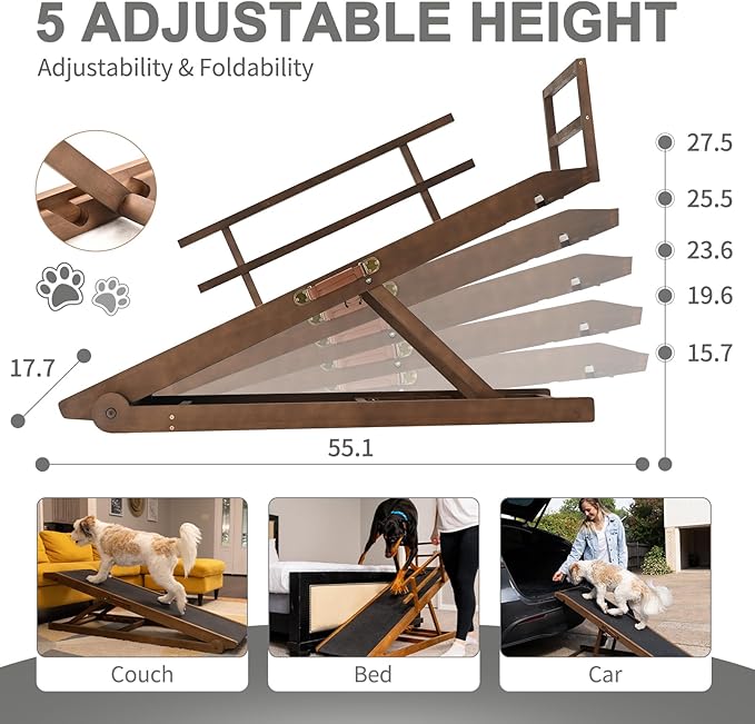 ABORON Dog Ramp,Adjustable Folding Pet Ramp for Bed,Couch,SUV - High Traction Portable Rubber Paw Ramps,Great for Small & Large Old Dogs & Cats, Supports up to 200 lbs,55''Long
