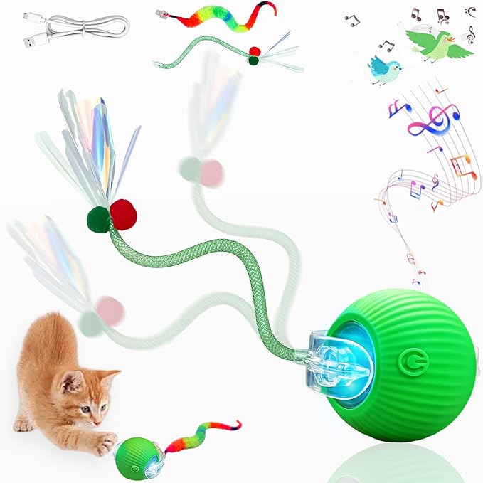 New Upgraded Cat Ball Toy - Speedy Tail 3.0 Cat Toy, Interactive Cat Toy Ball, Stimulating Toys and Juguetes para Gatos, Cat Toys for Bored Indoor（Sound Switchable） (Green)