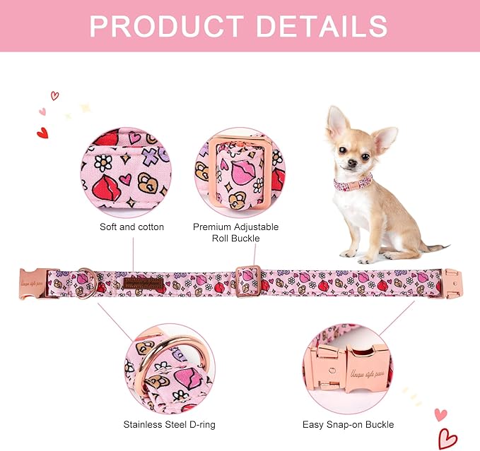 Unique style paws Valentine's Dog Collar Metal Buckle Puppy Collar XO Red Lips for Small Medium Large Boys Girls Dogs Wedding