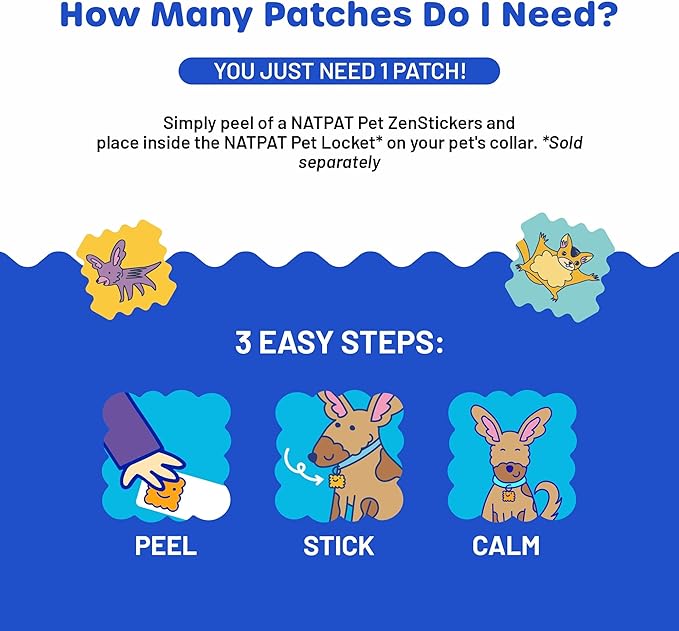 NATPAT Pet Zen Calming Patches for Dogs & Cats – Non-Medicated Effective Stress Relief for Travel, Fireworks & Separation Anxiety - Long Lasting & Non-Toxic (24 Patches) - Locket Sold separetely