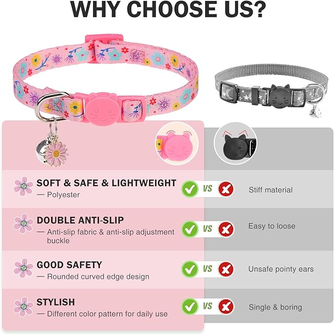 Breakaway Cat Collar with Bells, 3 Pack Summer Spring Cat Collar for Girl Boy Cats, Cute Pink Purple Yellow Flower Kitten Collars with Safety Buckle, Adjustable 8"-12" for Puppy Small Pets