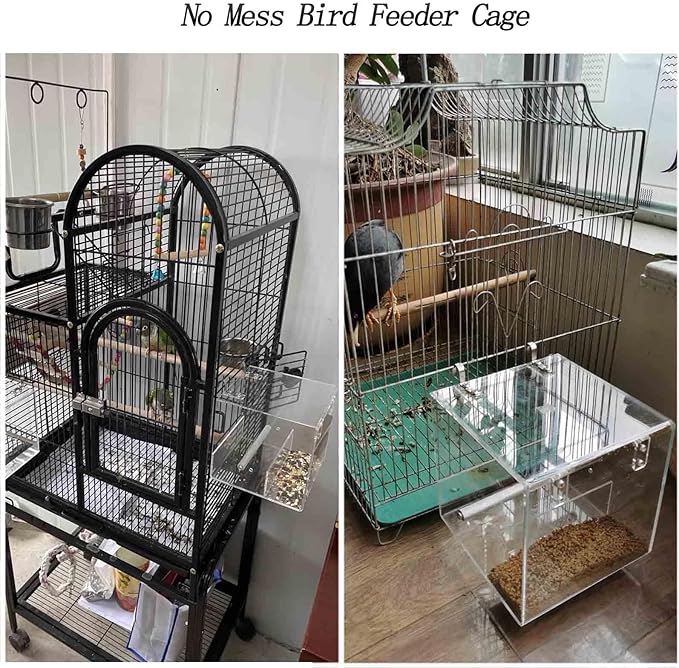 No Mess Bird Feeder for Cage, Automatic Acrylic Bird Feeder Seed Catcher Tray Cage with Stainless Steel Hooks for Small Parrots Canary Parakeet Budgerigar Crested Cockatiel Lovebird (Small)