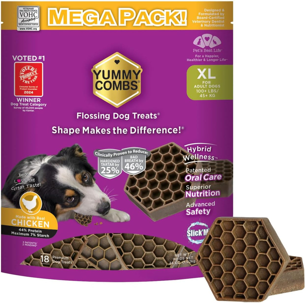 Dog Dental Treats – Vet VOHC Approved – Delicious Chicken Protein – Removes Tartar with Cleaning Comb Shape – Dental Dog Treats for Extra Large Dogs (36oz, 18 Count)