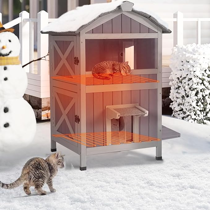 GUTINNEEN Outdoor Heated Cat House, 2-Story Weatherproof Feral Cat Shelter with Escape Doors, Removable Pad & Heating Mat for Winter(AIR94-Heated)