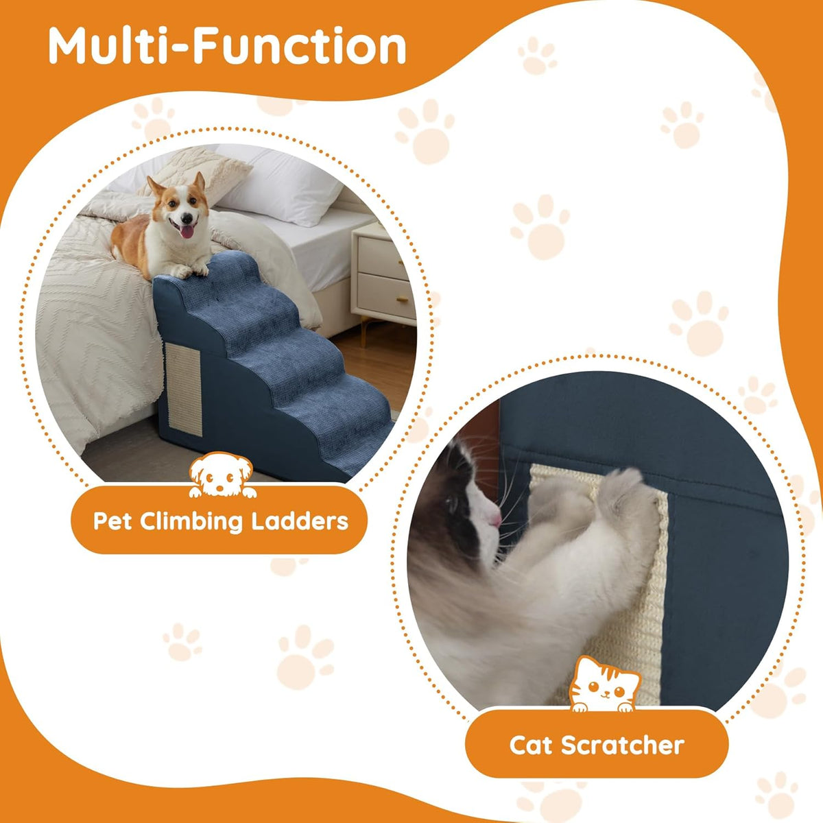 Pet Stairs for Small Dogs - 3-Step Curved Dog Ramp for Bed, Couch, Sofa, Car and Chairs - Non-Slip Bottom Design - High Density Foam Portable Pet Step - Navy