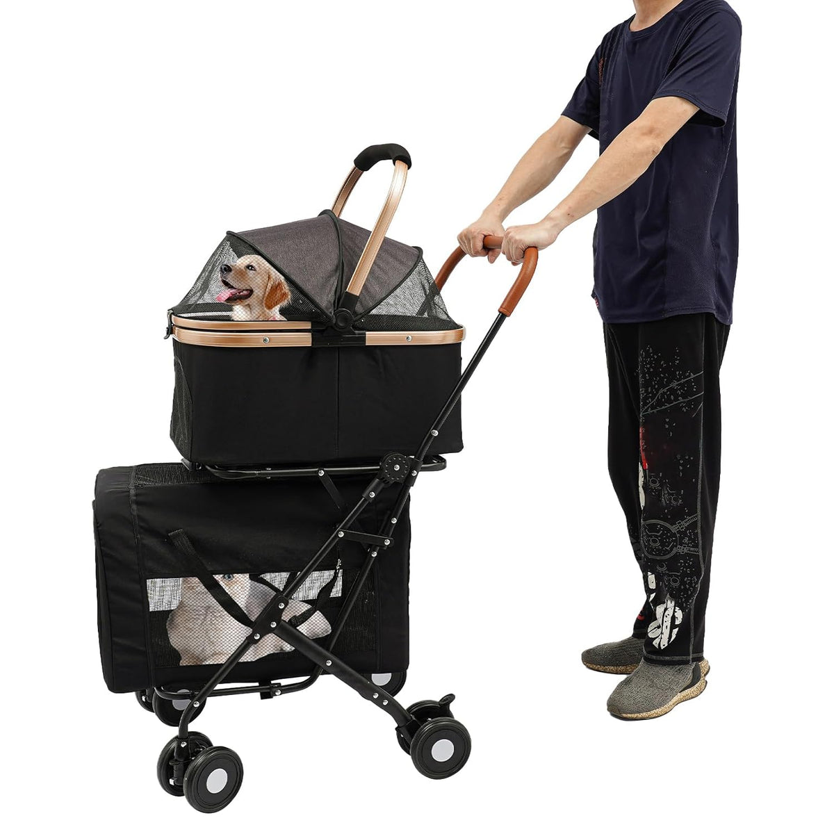 Foldable Pet Stroller for Small & Medium Dogs, Double Dog & Cat Stroller with 3-in-1 Travel System, Detachable Pet Carrier with Wheels for Cats and Dogs up to 77 lbs, Black