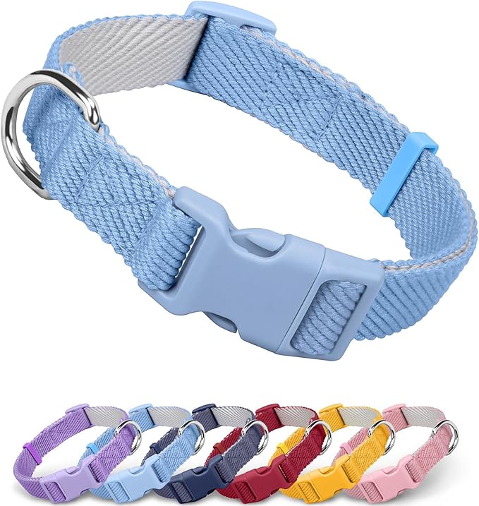 Dynmeow Soft and Breathable Cotton Dog Collar, Durable Adjustable Heavy-Duty Boy Pet Collar with Quick-Release Buckle, Lightweight for Sensitive Skin for Medium and Large Dogs, Light-Blue, M