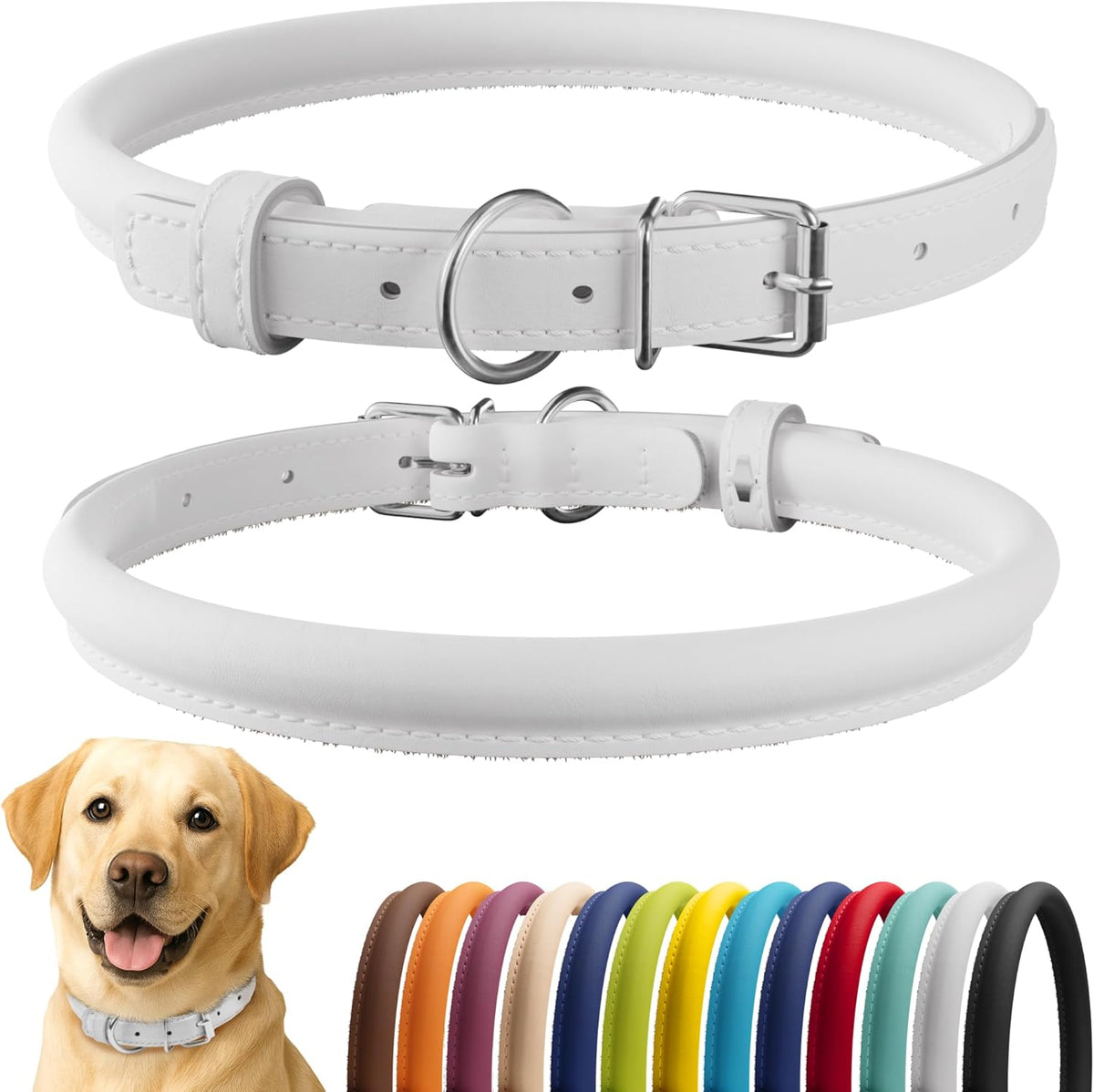 CollarDirect Rolled Leather Dog Collar, Soft Padded Round Puppy Collar, Handmade Genuine Leather Collar Dog Small Large Cat Collars 13 Colors (18-22 Inch, White Smooth)