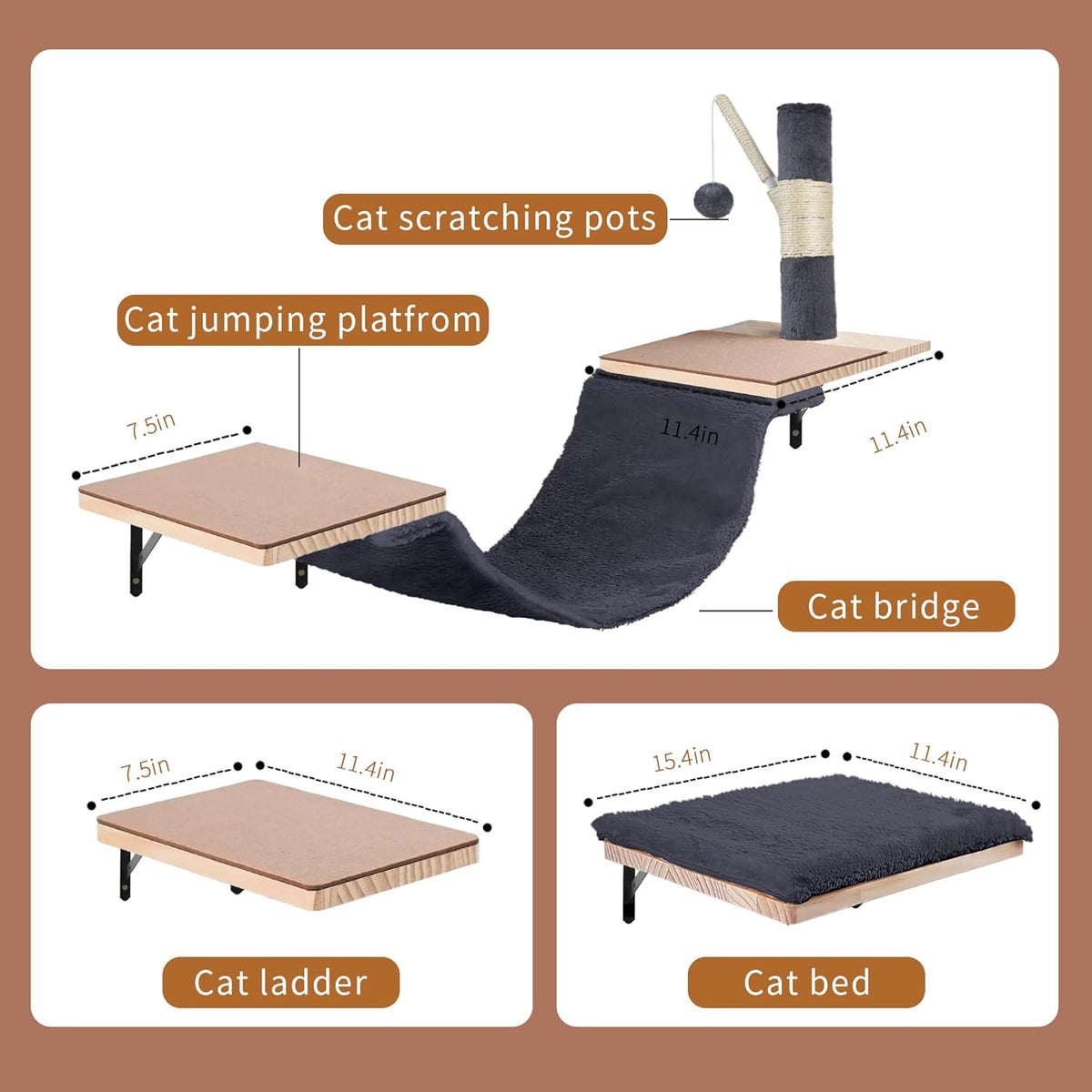 Wall Mounted Cat Climber Set, Cat Wall Shelves,Cat Wall Furniture Set,with Hammock,Jumping Boards,Sofa,Steps,Scratching Post,Hanging Ball and Felt Pads, Suit for Cats Climb, Jump,Scratch-Dark