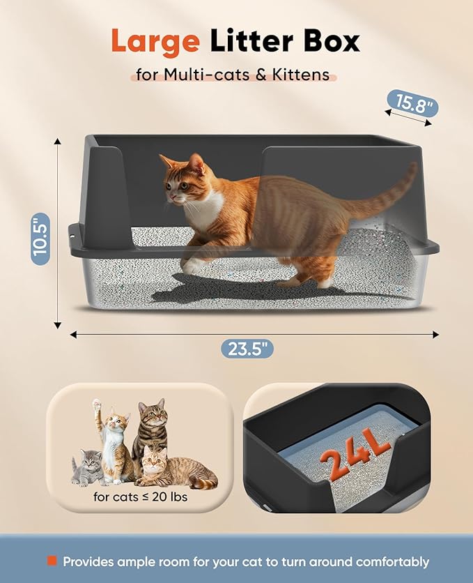 Stainless Steel Litter Box with Lid, 23.5" L x 15.8" W x 10.5" H, Large Metal Cat Box for Big Cats, High Sided Kitty Litter Box with Scoop & Pee Pads, Non-Sticky, Anti-Leakage, Easy to Clean (Black)