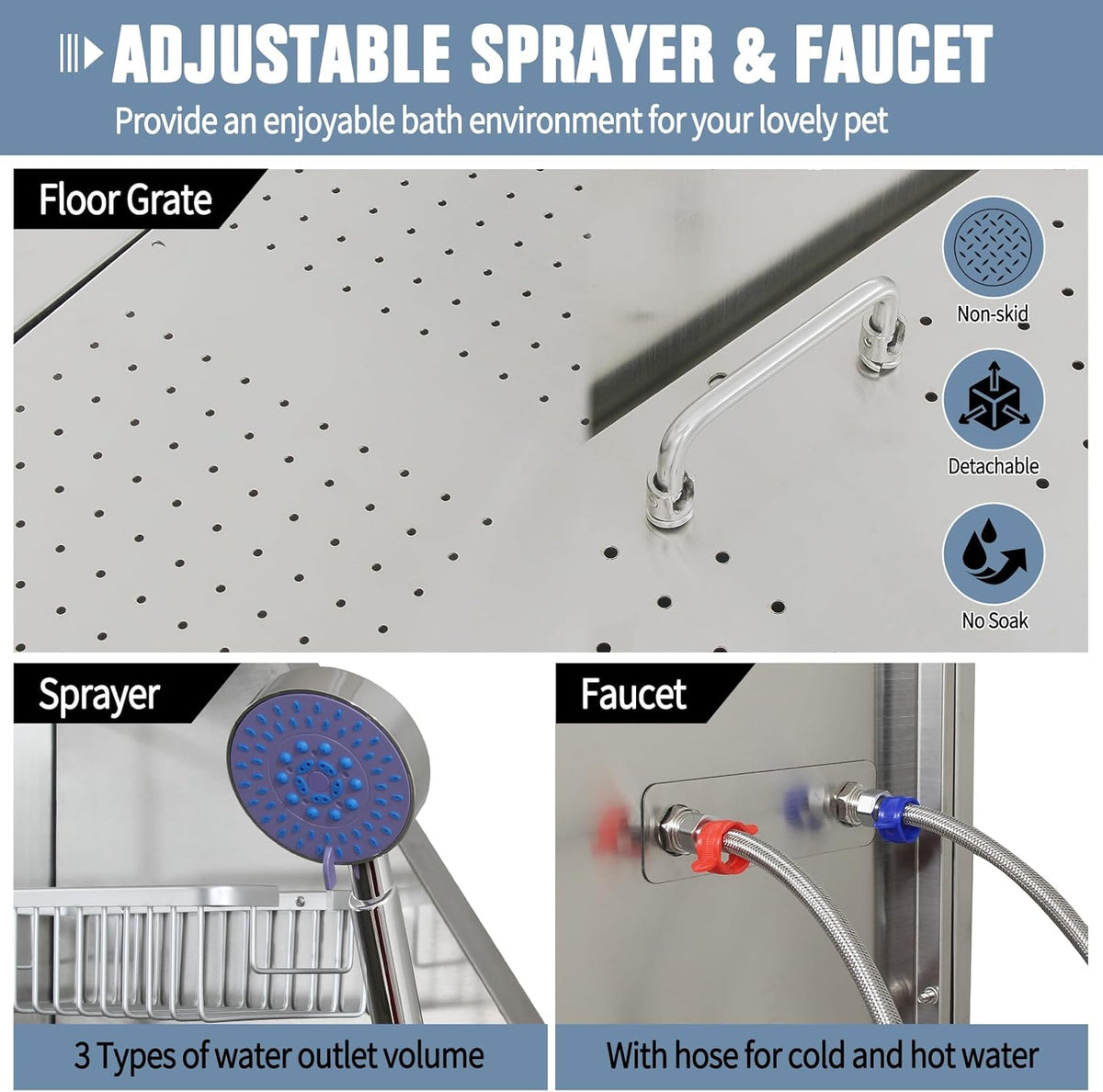 Dog Washing Station 38'' Stainless Steel Pet Grooming Tub for Large Dogs Over-Size Professional Dog Grooming Bathtub Station Wash Shower Sink Pet Grooming Bathtub Station