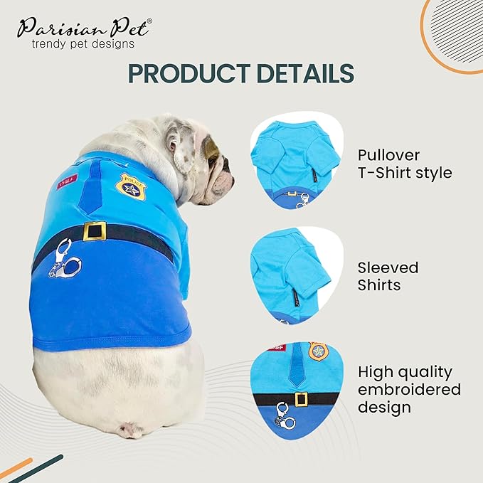 Parisian Pet Dog Shirt - Embroidered Police Costume - 100% Cotton & Polyester Pet Clothes - Sleeved Cop Costume - Blue Large Dog XL