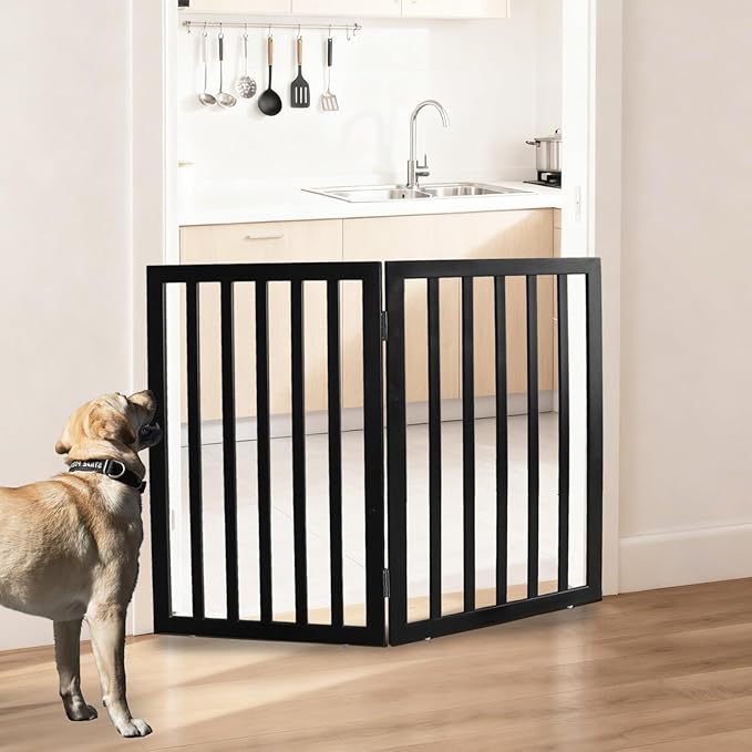 ZJSF Freestanding Indoor Dog Gate for House Foldable Wood Black Puppy Gate for Doorways Pet Gate for Stairs Extra Wide Pet Fence 32" Height 2 Panels