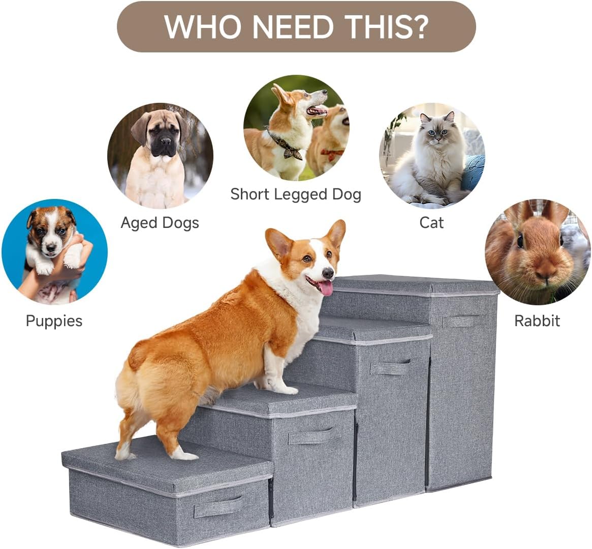 Dog Stairs with Storage, 4-Step Folding Pet Steps for Small Dogs and Cats, Pet Steps Storage with Zip, Pet Stairs for High Bed, Couch and Car Ramp (Gray, 4 Steps no Condo)