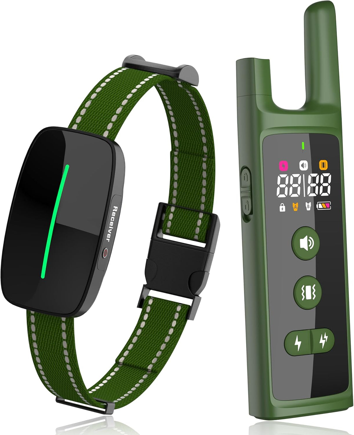 Dog Training Shock Collar 4000FT Dog Bark Collar with Remote IP67 Waterproof 4 Training Modes Beep Vibration Shock Light Mode Magnetic Charger Electric Dogs Collar 8-25 inches Double shock Olive Green