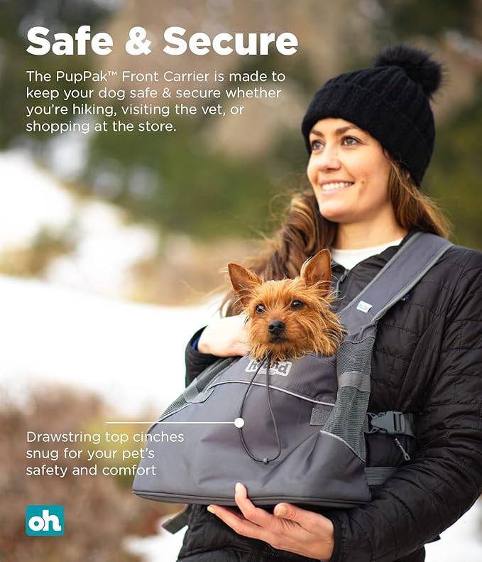 Outward Hound PupPak Dog Front Carrier, Small, Grey – Hands-Free Hiking & Camping Pet Backpack for Small Pets up to 10 lbs, Padded Straps, Breathable Mesh, Water-Resistant, Safety Clip