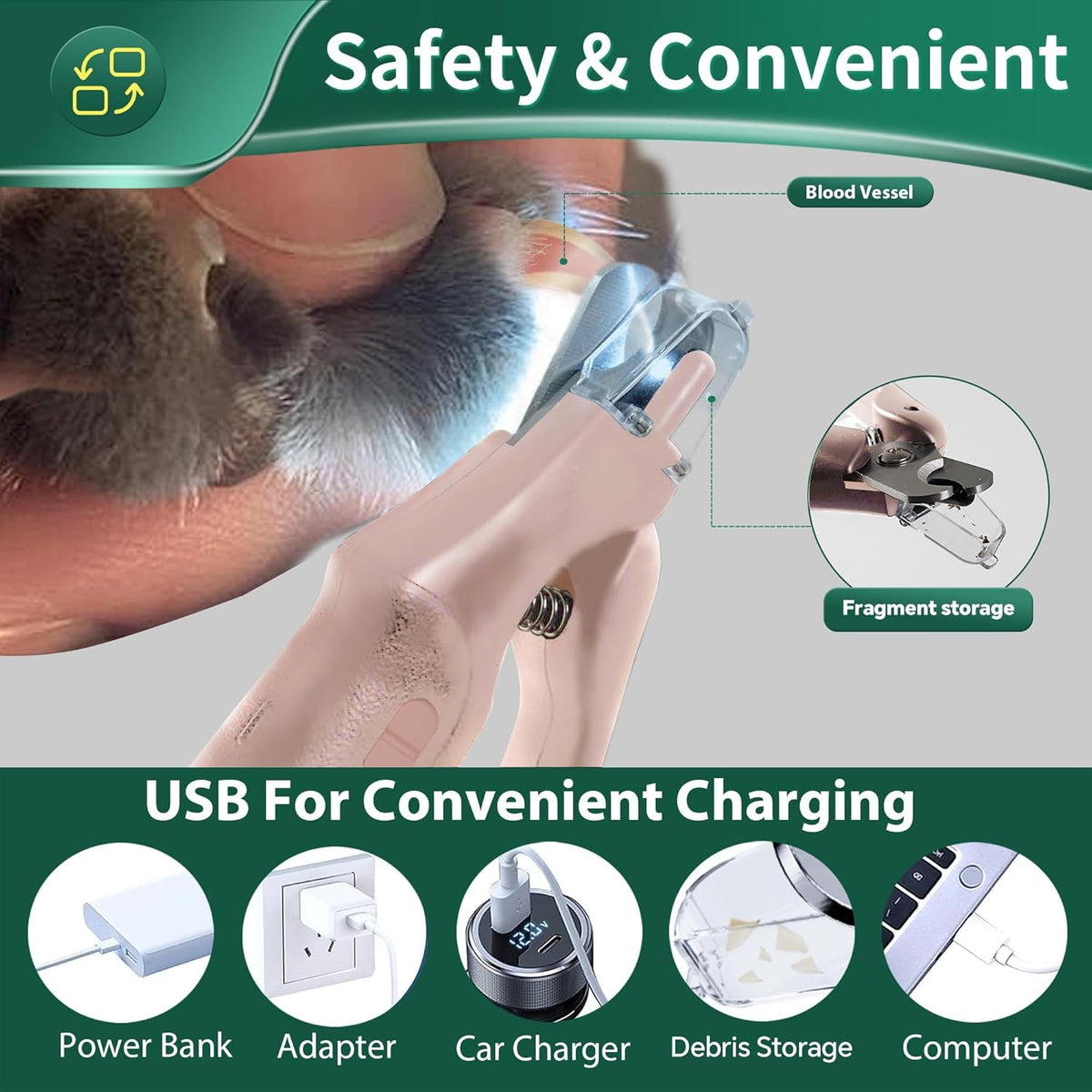 Dog Nail Clippers & Cat Nail Clipper with Catcher, 2 in 1 Dog Nail Trimmers & Grinder with Light for Large Small Dogs Cats,Silent Groom Pro Claw Trimmer, Rechargeable Dogs Nails Grinder Quiet