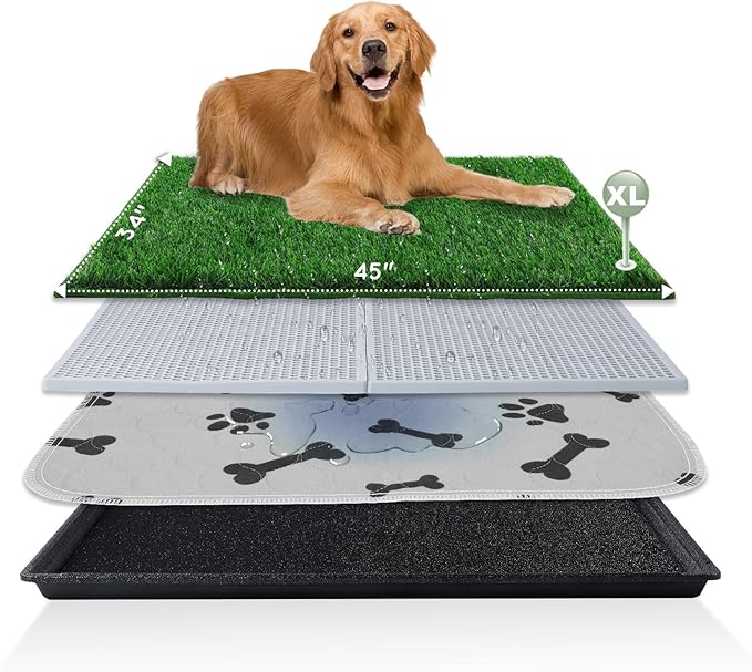 Dog Grass Pad with Tray Extra Large 45”×34” Ultra-Absorbent Artificial Grass Pad for Dogs Potty Grass Hemmed Edge for Indoor Potty Training, Reusable Dogs Pee Pads, Dog Litter Box Balcony