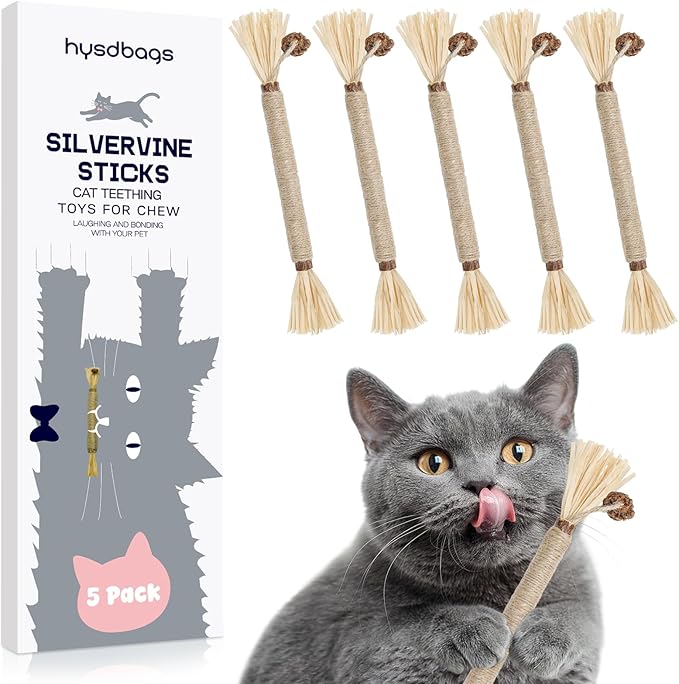 5 Pack Silvervine Sticks Cat Toys, Natural Chew Kitten Teething Toys for Cleaning, Matatabi Catnip Treat Toys, Catmint Silver Vine Sticks for Bored Indoor Kitty
