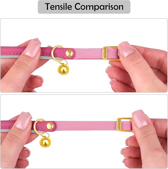 OOPSDOGGY Rolled Leather Cat Collar with Bell - Reflective Kitten Collar with Safety Elastic Strap - Adjustable Small Pet Collars for Boy Girl Cats (Fuchsia)