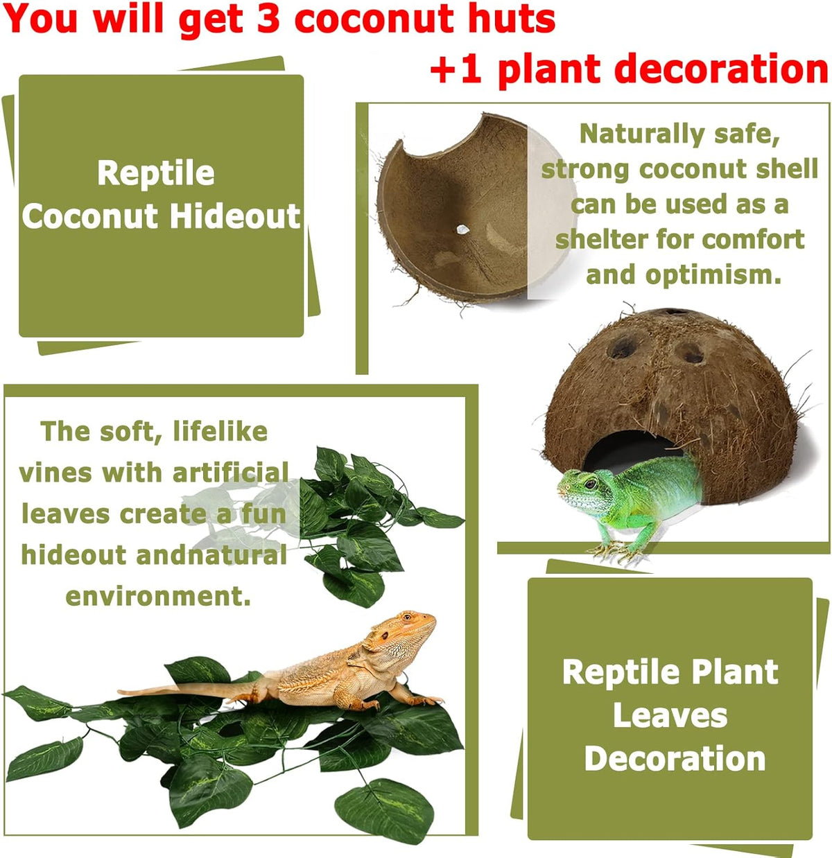 Hamiledyi Reptile Hideouts Natural Coconut Shells Hut Hermit Crab Climbing Toys Gecko Hide Cave Lizard Habitat Decor Plant Leaves Decoration for Spider Snake Chameleon (4Pcs)